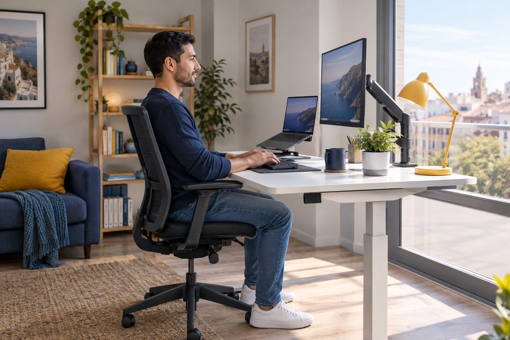 Persona teletrabajando en casa sentada en una silla ergonómica con la espalda apoyada, los pies en el suelo y el monitor a la altura de los ojos